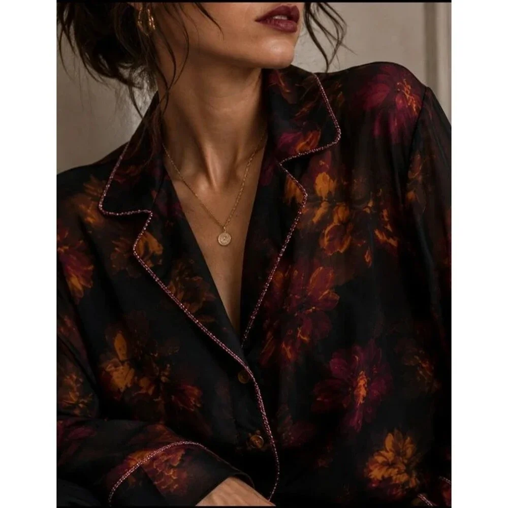 Moody Autumn Silky Womens Blouse Size Medium Dark Romantic Midnight Bakery